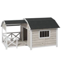 PawHut Wooden Dog House Outdoor with Porch, Raised Pet Kennel for Medium Large Dogs, with Asphalt Roof, Front Door, Side Windows, Gray(m-11)
