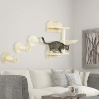 PawHut 4Pcs Cat Wall Shelf with Scratching Posts, Hammock, Steps, Platforms, Cat Shelves for Relaxing, Sleeping, Jumping, Cat Wall Climber for Indoor Cats, Beige(m-8)