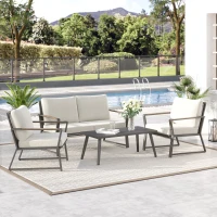 Outsunny 4 Piece Patio Furniture Set, Aluminum Conversation Set, Outdoor Garden Sofa Set with Armchairs, Loveseat, Center Coffee Table and Cushions, Cream White(m-2)