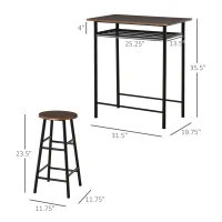 HOMCOM 3 Piece Counter Height Bar Table and Chairs Set, Space Saving Dining Table with 2 Matching Stools, Storage Shelf Metal Frame Footrest, Black, Brown(m-3)