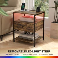 HOMCOM Set of 2 Side Tables with Charging Stations and LED Lights, End Tables with Drawer and Shelves for Living Room, Brown(m-5)