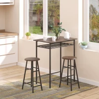 HOMCOM 3 Piece Counter Height Bar Table and Chairs Set, Space Saving Dining Table with 2 Matching Stools, Storage Shelf Metal Frame Footrest, Black, Brown(m-2)