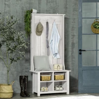 HOMCOM Classic Hall Tree, Accent Coat Tree with Shoe Storage Bench, Adjustable Shelves, 31.5" x 15.5" x 67.5", Distressed White(m-1)