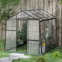 Outsunny 6' x 8' Walk-in Polycarbonate Greenhouse Aluminium Green House with Sliding Door, 5-Level Roof Vent, Rain Gutter(m-8)