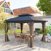 Outsunny 10' x 12' Hardtop Gazebo, Sun Shelter with Double Tier Metal Roof, Mosquito Netting, and Hanging Hook, Dark Brown(m-8)
