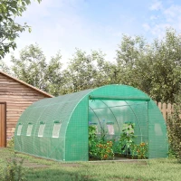 Outsunny Walk-in Tunnel Greenhouse, 19 x 10 x 6.6 ft Hoop House with Zipped Roll-Up Door and 8 Mesh Windows, Outdoor Greenhouse with Galvanised Steel Frame, Green(m-8)