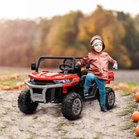 Aosom 12V Ride on Car with Electric Bucket, Two-Seater, Shovel, Remote Control, Spring Suspension, Horn, Music, Red(m-1)