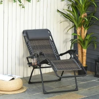 Outsunny Wicker Folding Lounge Chair with Adjustable Backrest, Rattan Recliner Chair with Headrest & Side Table Tray, Grey(m-8)
