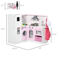 Qaba Corner Pretend Play Toy Kitchen with Sink Stove, Wooden Kids Kitchen Playset with Light Sound, Storage Cabinets, Ice Maker, Refrigerator, Washing Machine, Food Toys, White(m-3)
