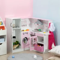 Qaba Corner Pretend Play Toy Kitchen with Sink Stove, Wooden Kids Kitchen Playset with Light Sound, Storage Cabinets, Ice Maker, Refrigerator, Washing Machine, Food Toys, White(m-8)