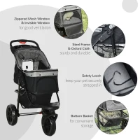PawHut 3 Wheel Folding Dog Stroller, Travel Carrier with Adjustable Canopy, Storage Brake, Mesh Window for S&M Dogs Grey(m-6)