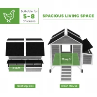 PawHut 59" Wooden Chicken Coop w/ Wheels, Handles, 2 Nesting Boxes, 2 Trays, 4 Perches, Chicken Tractor for 4-6 Chickens, Gray(m-5)