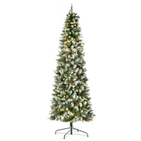 HOMCOM 7.5ft Pre-Lit Snow-Dipped Artificial Christmas Tree with Realistic Branches, 350 LED Lights, Pine Cones, Red Berries and 1075 Tips(m-11)