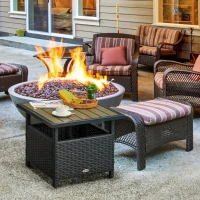 Outsunny 22" Square Steel PE Rattan Wicker Table With Umbrella Hole, Outdoor Patio Accent Dining Side Table Used as Umbrella Stand, Black(m-8)