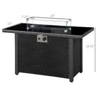 Outsunny Propane Fire Pit Table 43in Outdoor Fire Table, 50,000 BTU Pulse-Ignition Wicker Firepit Furniture with Glass Wind Guard, Blue Glass Rock, CSA Certification, Black(m-3)