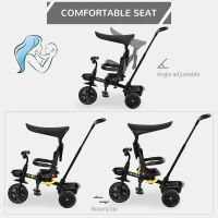 Qaba Kids Tricycle 4 In 1 Trike with Reversible Angle Adjustable Seat Removable Handle Canopy Handrail Belt Storage Footrest Brake Clutch for 1-5 Years Old Black(m-6)