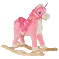 Qaba Kids Rocking Horse, Ride on Unicorn with Wooden Base, Tail Wag & Sounds for Toddlers 3-6 Years Old, Pink