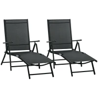 Outsunny Outdoor Set of 2 Lounge Chair, Folding Reclining Garden Sun Lounger with Metal Frame, Adjustable Backrest for Patio, Deck, and Poolside, Black(m-2)