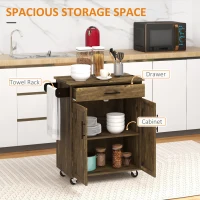 HOMCOM Kitchen Island Cart, Rolling Island Table with Solid Wood Top, Trolley Cart with Drawer, Storage Cabinet & Towel Rack, Rustic Brown(m-4)