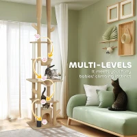 PawHut 89"-100" Floor to Ceiling Cat Tree Cat Tower for Large Cats w/ Scratching Posts, Grooming Brush Post, Cat Condo, Brown(m-6)