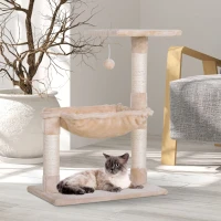 PawHut 27.5" Cat Tree Hammock with 3 Natural Sisal Scratching Post, Teasing Toy - Beige(m-1)