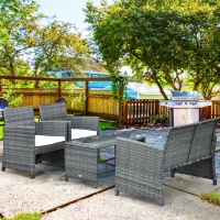 Outsunny 4 Piece Patio Furniture Set with Cushions, Outdoor PE Rattan Wicker Conversation Sofa Set with Glass Top Coffee Table and Loveseat, for Garden, Balcony, Cream White(m-8)