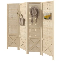 HOMCOM 4.7' 4 Panel Wooden Room Divider with Pegboard Display, Folding Privacy Screen for Home Office, Natural(m-1)