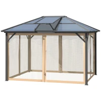 Outsunny 10' x 12' Hardtop Gazebo Canopy with Polycarbonate Roof, Aluminum Frame, Permanent Pavilion Outdoor Gazebo with Netting, for Patio, Garden, Backyard, Deck, Lawn, Gray, Brown(m-11)