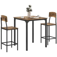 HOMCOM 3 Piece Pub Table and Chairs, Small Kitchen Table and Chairs, Square Dining Table with 2 Stools, Rustic Brown and Black(m-11)