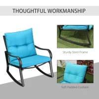Outsunny 3 Pieces Patio Wicker Rocking Chairs Table Set, Outdoor PE Rattan Furniture with 2 Rockers & 1 Coffee Table w/ Padded Cushions for Deck, Backyard, Garden, Blue(m-6)
