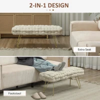 HOMCOM Upholstered Velvet End of Bed Bench 39" Woven End of Bed Bench with Gold Metal Legs for Entryway, Cream White(m-5)