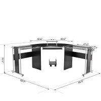 HOMCOM 69" Modern L-Shaped Tempered Glass Office Computer Desk with Elevated Monitor Stand, Rolling CPU Holder, Pull Out Keyboard Tray and Steel Frame, Black(m-3)