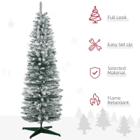 HOMCOM 6' Snow Flocked Artificial Pencil Christmas Tree, Slim Xmas Tree with Realistic Branches and Plastic Base Stand for Indoor Decoration, Green(m-4)