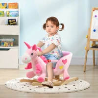 Qaba Baby Rocking Horse, Plush Animal Rocker for Toddlers Aged 18-36 Months, Stuffed Ride Toy with Sounds, Seat Belt, Pink(m-1)