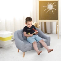 Qaba 2-Seat Linen Fabric and Wooden Frame Sofa Couch for Kids and Toddlers Ages 3-7, 11" High Seat, Grey(m-1)