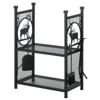 Outsunny 2-Tier Firewood Rack with Shovel, Broom, Poker, Tongs, Side Hooks, Log Holder for Fireplace, Outdoor Indoor Wood Storage Stacker, 21.7" x 12.6" x 30.3", Black(m-11)