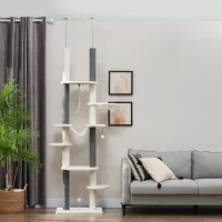 PawHut 89"- 100" Floor to Ceiling Cat Tree with Scratching Posts, Hammock, Perches & Toy Balls, White(m-10)