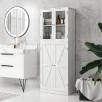 HOMCOM Tall Bathroom Storage Cabinet, Modern Bathroom Cabinet with Glass and Barn Doors, 5-Tier Floor Cabinet, White(m-1)