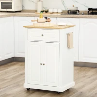 HOMCOM Rolling Kitchen Island Cart, Portable Serving Trolley Table with Drawer, Adjustable Shelf and 2 Towel Racks, Cream White(m-10)