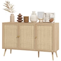 HOMCOM Kitchen Sideboard Cabinet, Boho Storage Cabinet with Shelves, Wood Legs, Decorative Rattan Doors, Natural(m-2)
