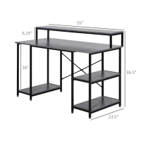 HOMCOM 55 Inch Home Office Computer Desk Study Writing Workstation with Storage Shelves, Elevated Monitor Shelf, CPU Stand, Durable X-Shaped Construction, Grey Wood Grain(m-3)