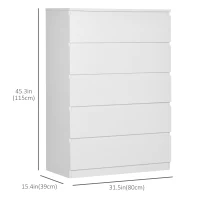 HOMCOM Dresser for Bedroom with 5 Drawers, Modern Chest of Drawers for Living Room, Closet, Hallway, White(m-3)