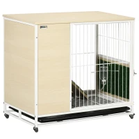 PawHut Indoor Rabbit Hutch Furniture with Wheels, Bunny Cage Side Table with Removable Tray, Water Bottle, Top Access, Oak, 31" x 21" x 30"(m-2)