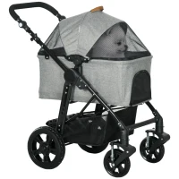 PawHut 2 in 1 Foldable Dog Stroller with Suspension, Detachable Carriage, Adjustable Canopy, Safety Leashes and Storage Basket, Grey(m-1)