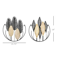 HOMCOM 3D Metal Wall Art Set of 2 Modern Leaves Hanging Wall Sculpture Home Decor for Living Room Bedroom Kitchen 16"x18", Black Yellow(m-3)