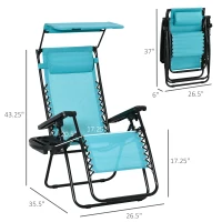 Outsunny 2 Piece Foldable Lounge Chair with Canopy Shade, Outdoor Zero Gravity Chair w/ Side Tray & Cup Holder, Reclining Lounger w/ Breathable Mesh Fabric Seat, Pillow, Sky Blue(m-3)