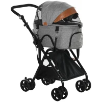 PawHut 2 in1 Foldable Pet Stroller and Detachable Travel Carriage with Lockable Wheels, Adjustable Handlebar Canopy and Zippered Mesh Window Grey(m-1)