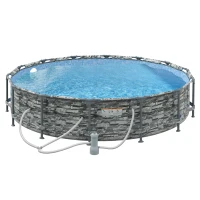 Outsunny Round Above Ground Pool, Metal Frame Pool with Cartridge Filter Pump and Repair Patch, 14' x 33", Gray Brick(m-11)