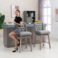 HOMCOM Bar Height Bar Stools Set of 2, 180 Degree Swivel Barstools with Solid Wood Footrests and Button Tufted Design, 30" Seat Height Bar Chairs for Kitchen Island, Gray(m-7)