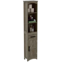 HOMCOM Farmhouse Tall Slim Bathroom Storage Cabinet with Recessed Drawer, Narrow Cabinet with Barn Door, Weathered Gray Oak(m-11)